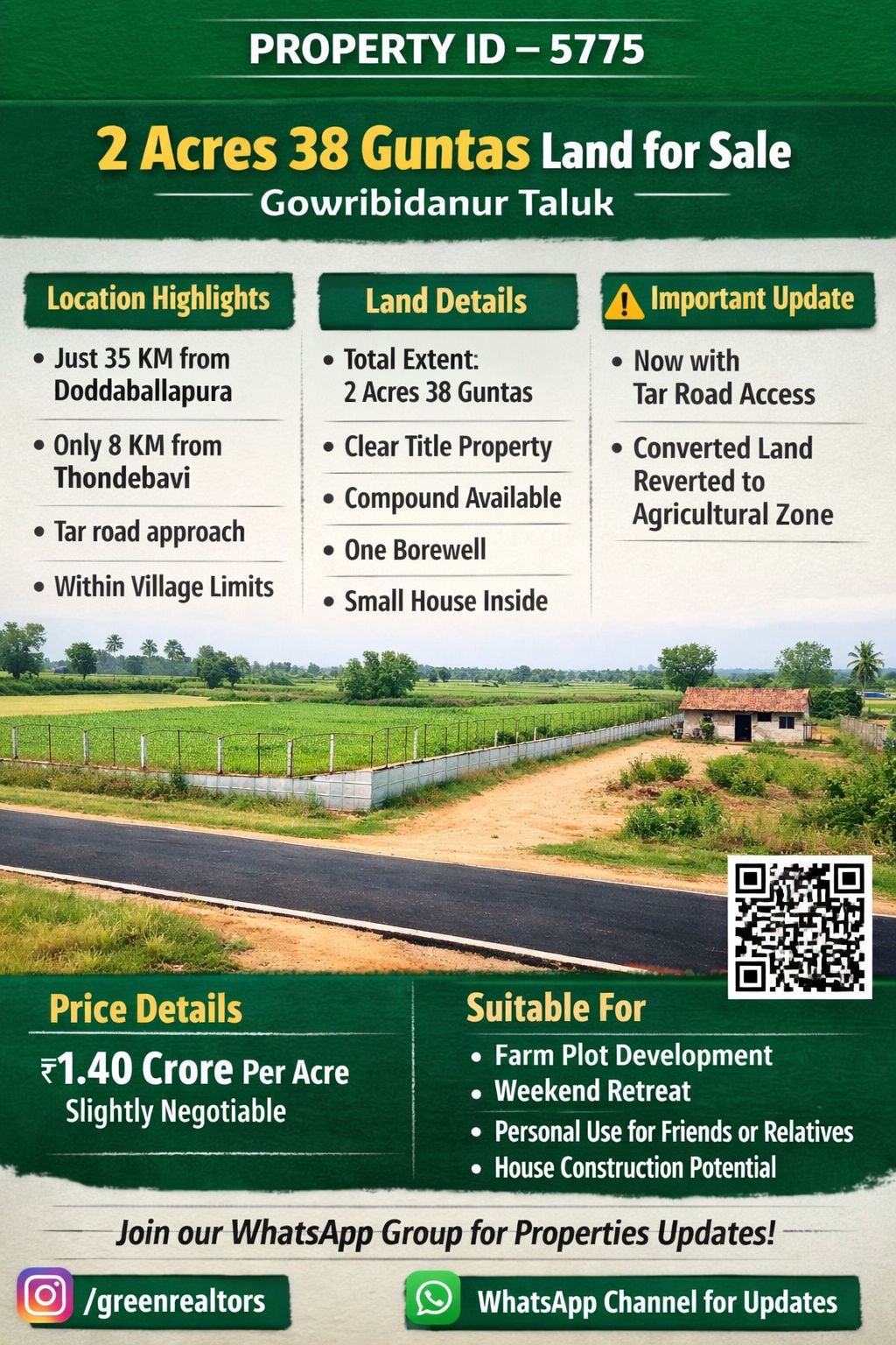 *PROPERTY ID –5775* 🌿 *2 Acres 38 Guntas Land for Sale – Gowribidanur Taluk*